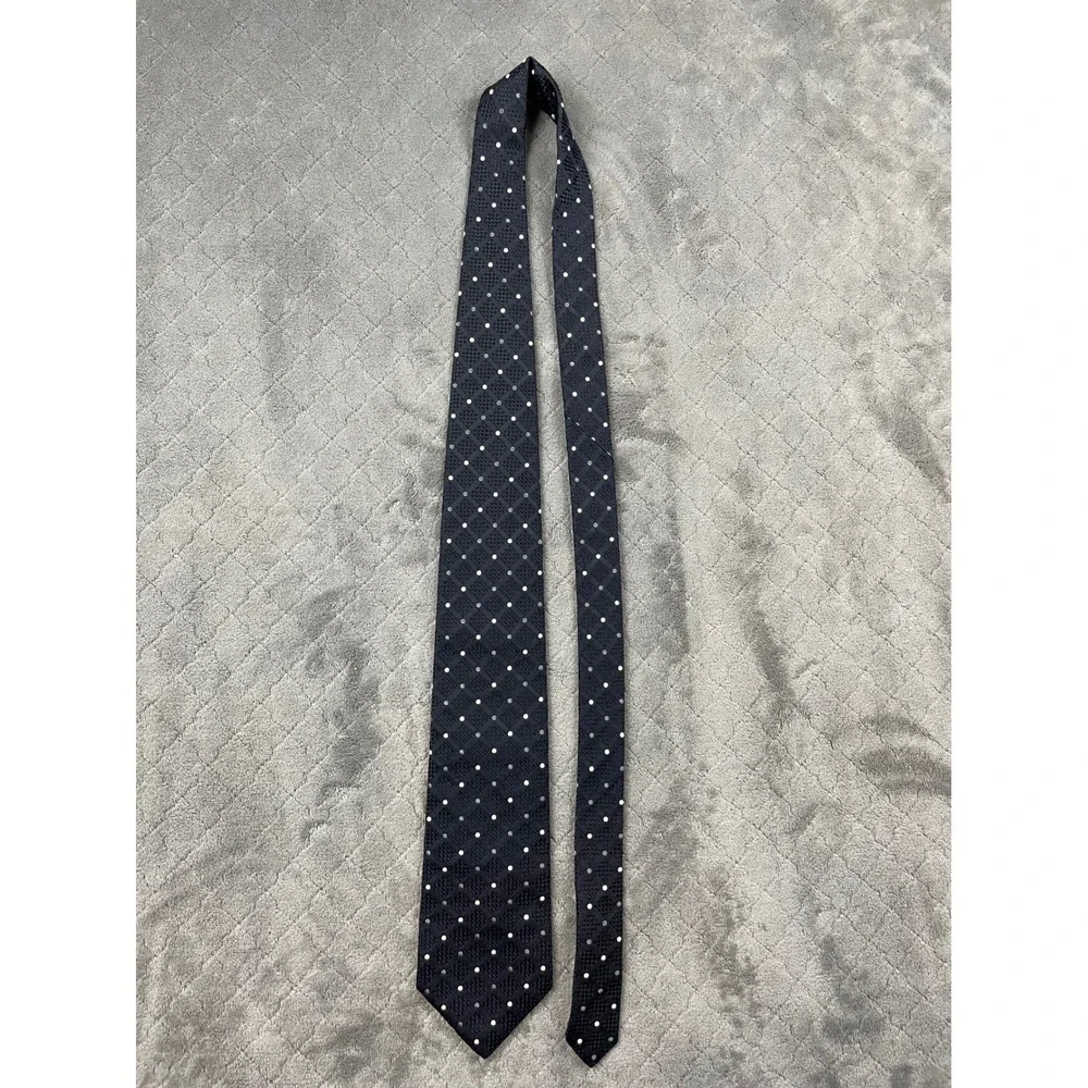 XMI Platinum Men Silk Tie Navy Blue Polka Dot Geometric Basketweave Handmade USA